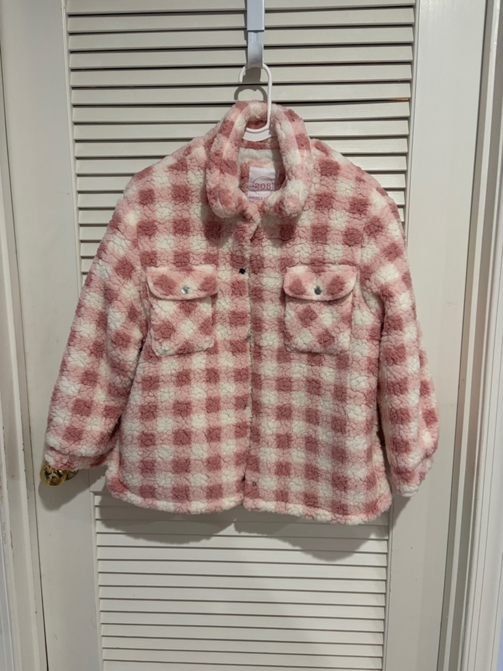 Girls' Pink Plaid Sherpa Puffer Jacket with Front Pockets